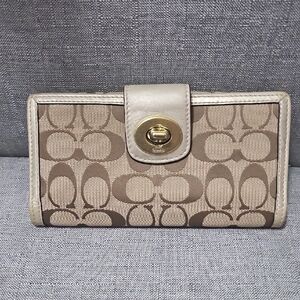 Coach Signature Brown and Metallic Gold Wallet